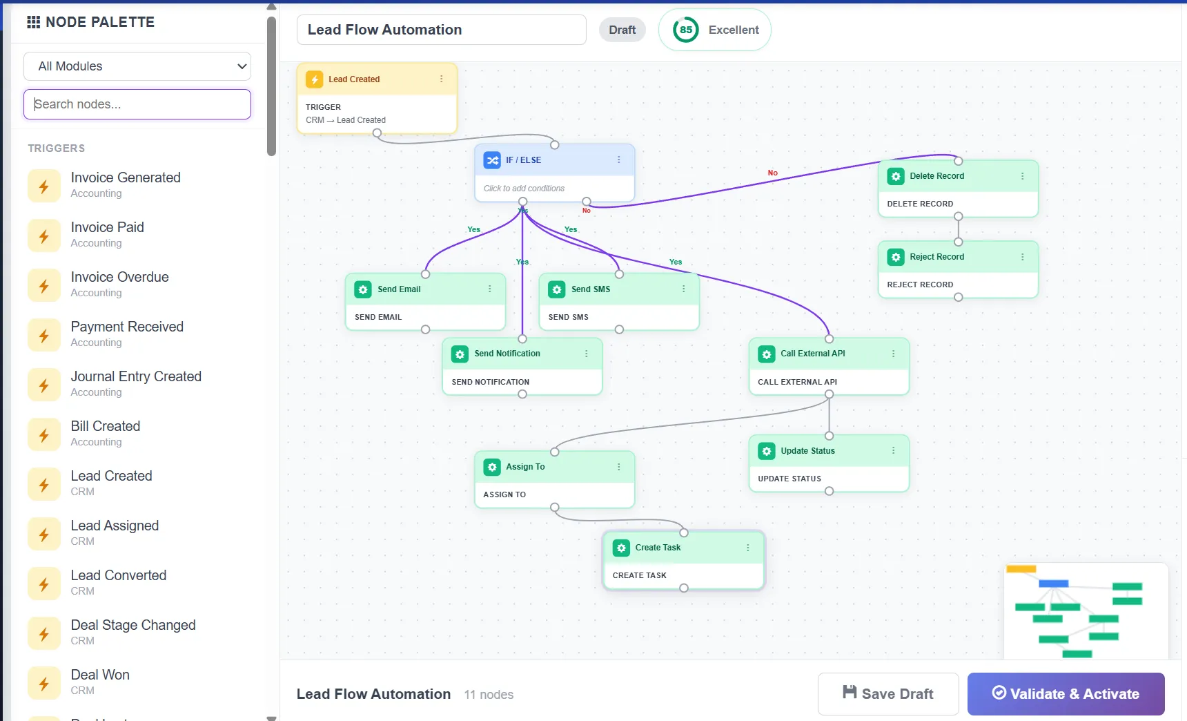 Biznsbook workflow automation builder with trigger selection, conditions, and action configuration