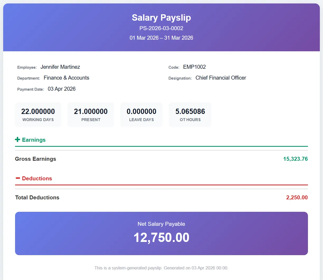 Biznsbook payslip generation showing earnings breakdown, deductions, and net pay