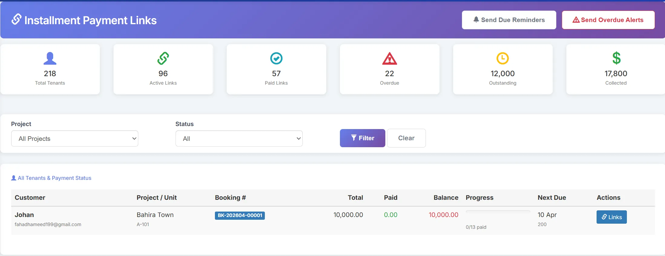 Biznsbook real estate payment tracking dashboard with installment status and overdue alerts