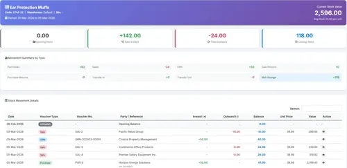 Biznsbook stock card tracking view showing item movements, quantities, and valuations across warehouses